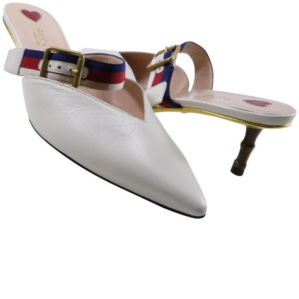 Grosgrain Web Stripe Buckle Strap White V Cut Bamboo Mules Heels C608